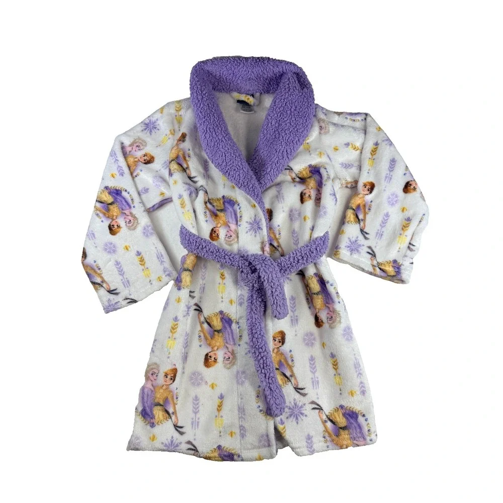 Disney Frozen II Girls 4T 5T Plush Fleece Bathrobe Purple Elsa Anna‎ Belted Robe